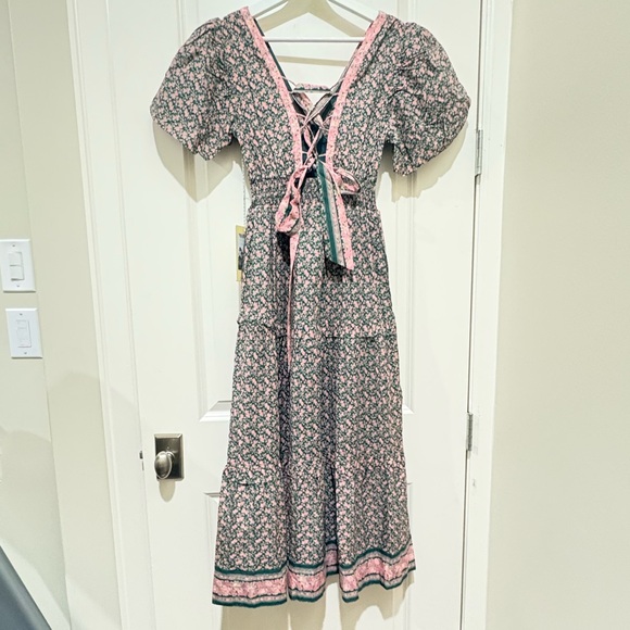 Trovata Nellie Sweet Melba Green Pink Lace Up Floral Midi A Line Dress XS - Picture 12 of 13